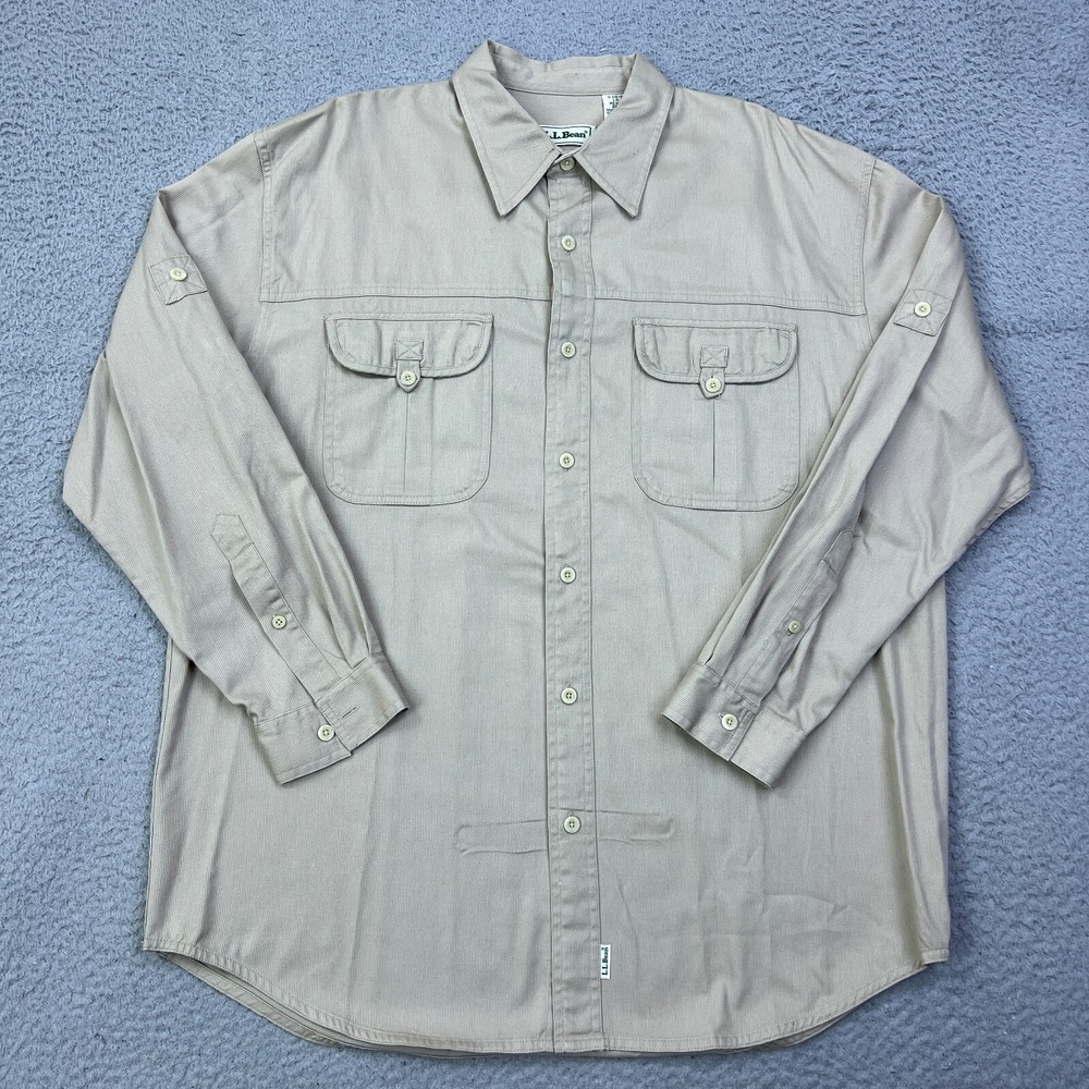 LL Bean Shirt Men's L Beige Roll Tab Button Up Long Sleeve Tan Heavy Work 0GB16